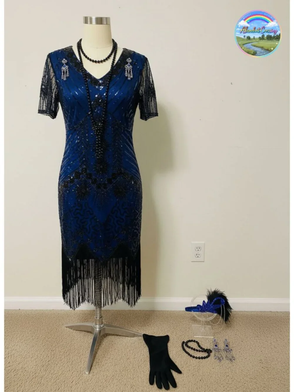 1920s Flapper Dress Sequin Beaded Mesh Sleeve V-Neck Gatsby Costume Set